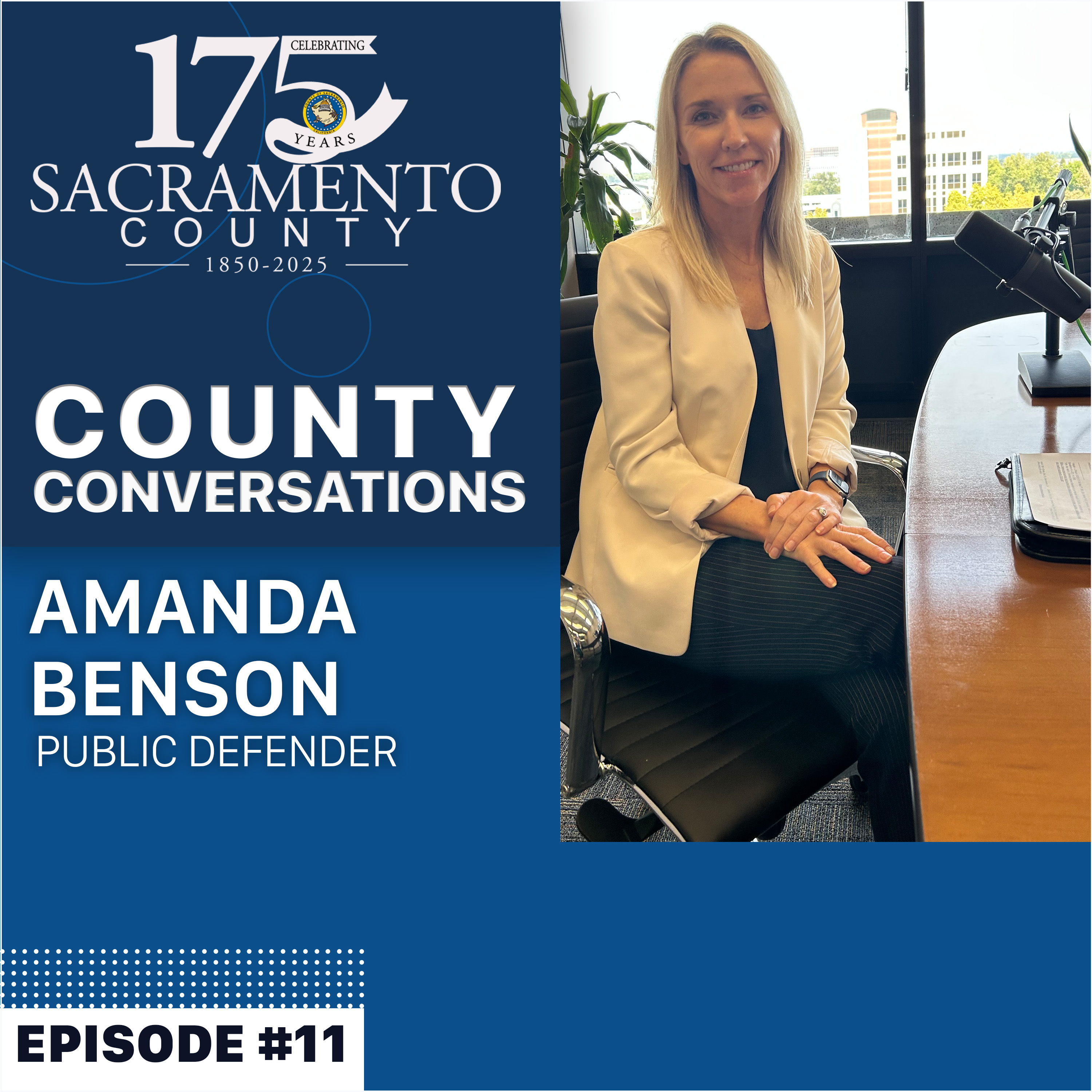 Amanda Benson, County Public Defender sitting at a podcast desk