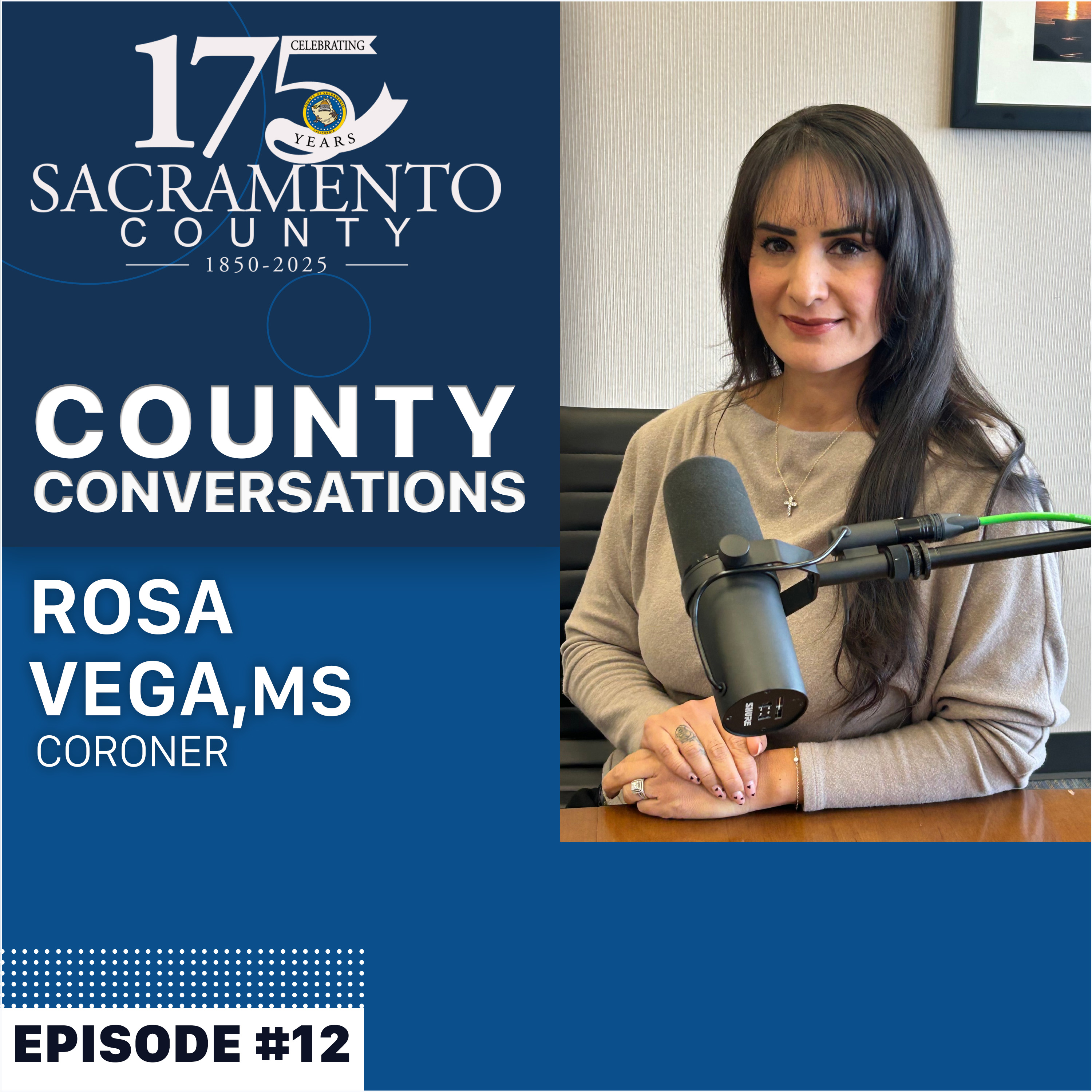 Rosa Vega, County Coroner sitting at a podcast desk
