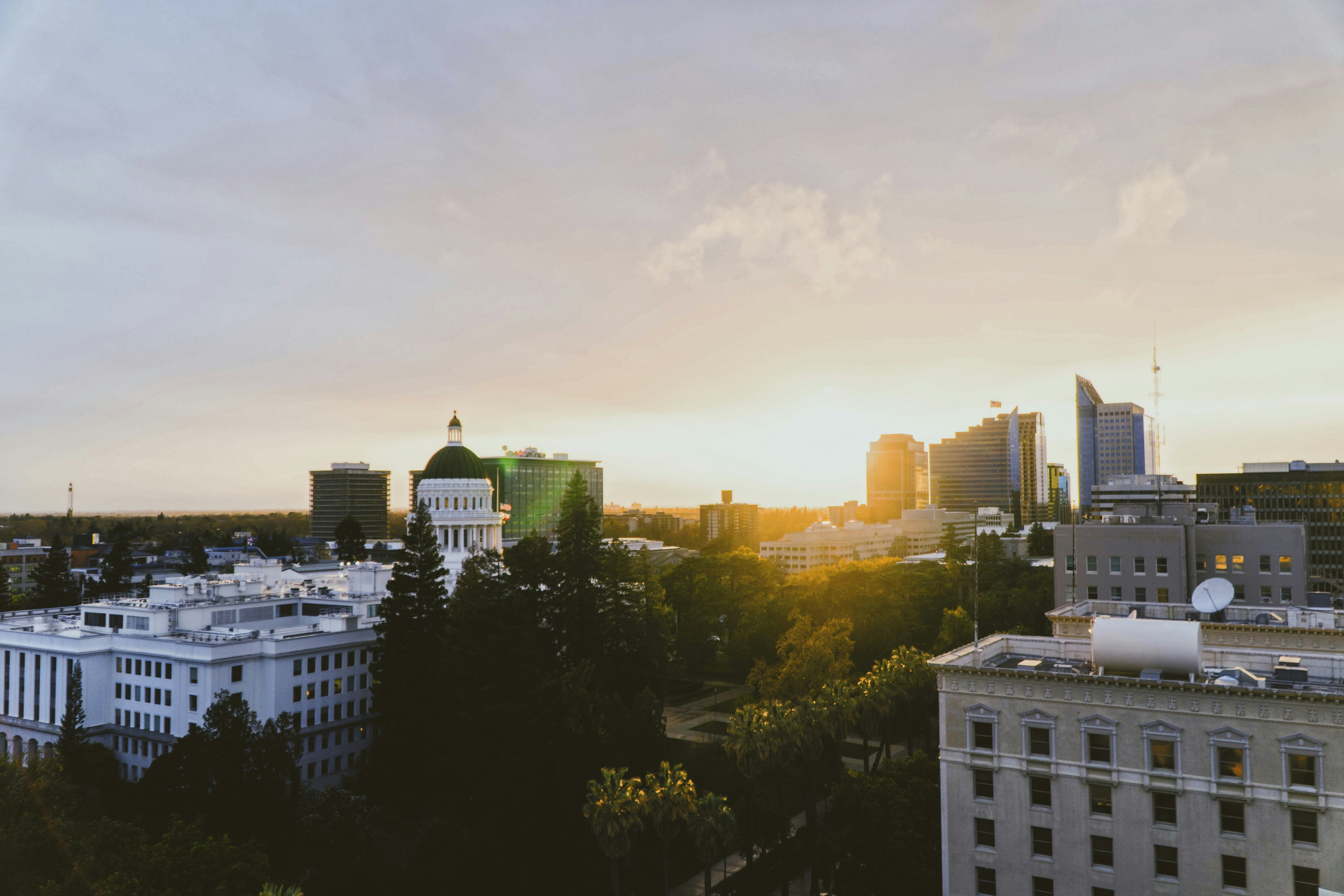 sacramento downtown skyline at sunset with trees and the capitol building 
